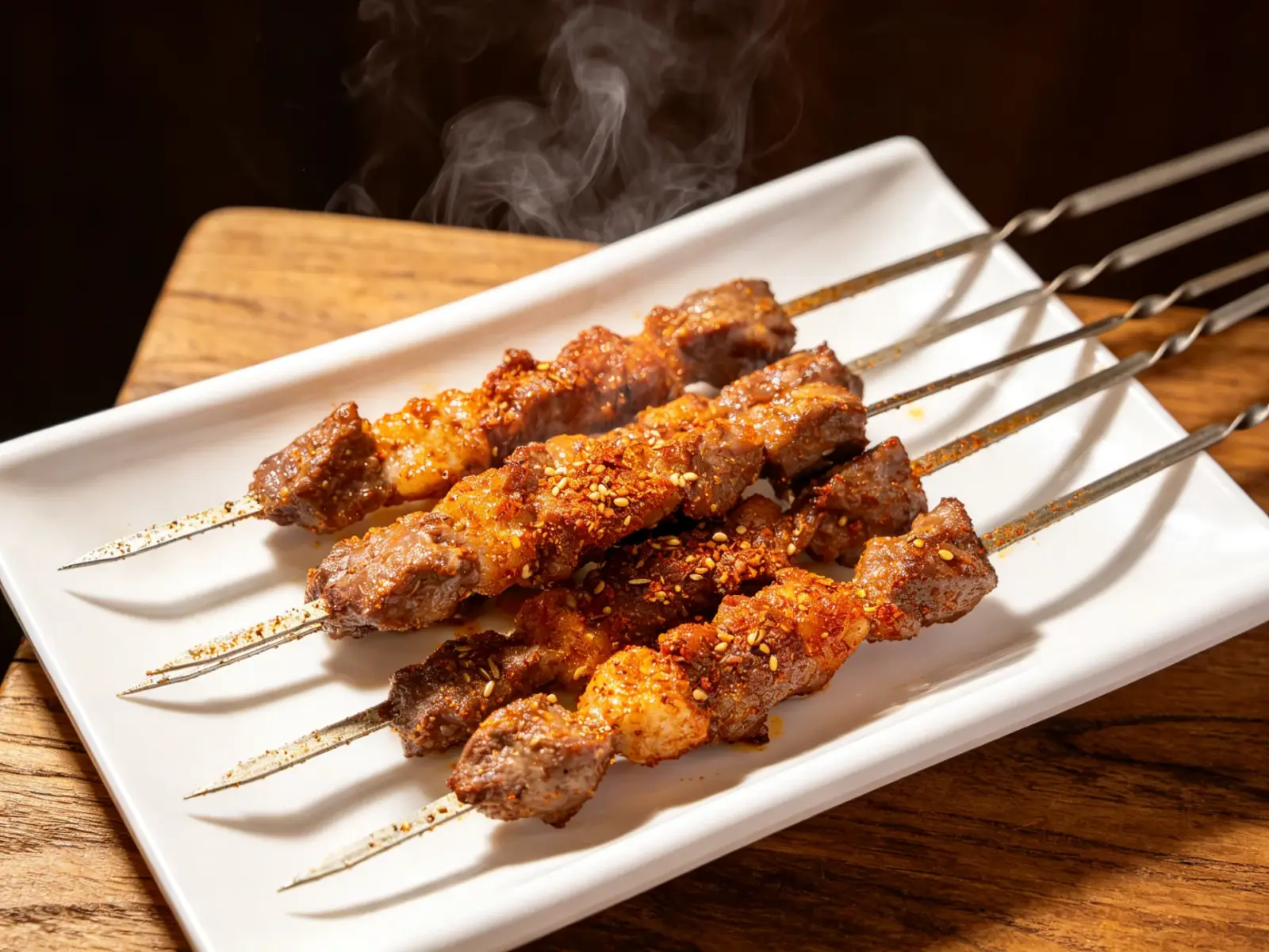 Charcoal-grilled lamb kebabs on metal skewers, seasoned with cumin and chilli, on a white plate with smoke