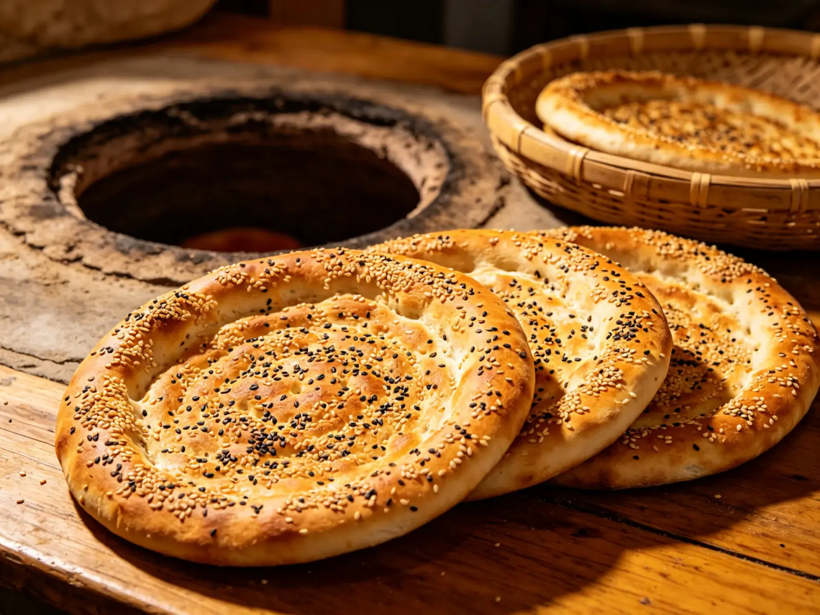 Freshly baked sesame naan beside a traditional tandoor oven and a woven basket