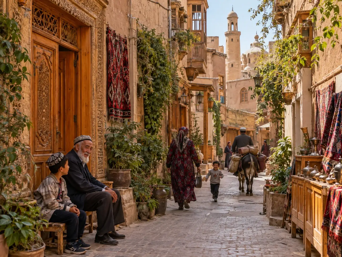 A Kashgar old-city lane with carved wooden doors, hung carpets, an old man and boy, a woman, a running child and a donkey, a minaret beyond