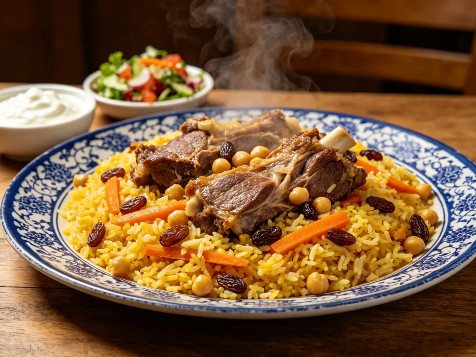 Xinjiang pilaf with golden rice, lamb, carrot, raisins and chickpeas in a blue-and-white plate, yogurt and salad beside