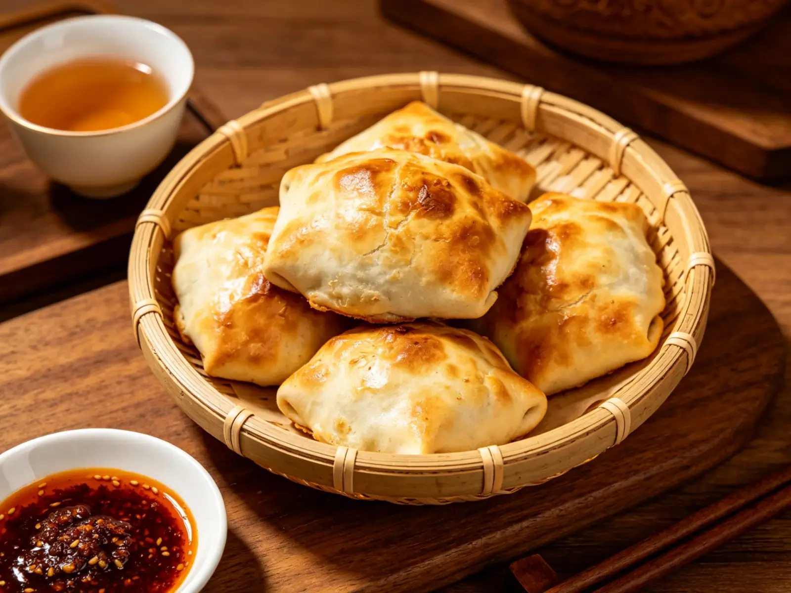 Golden baked samsa pastries in a bamboo basket with a dipping sauce and a bowl of tea