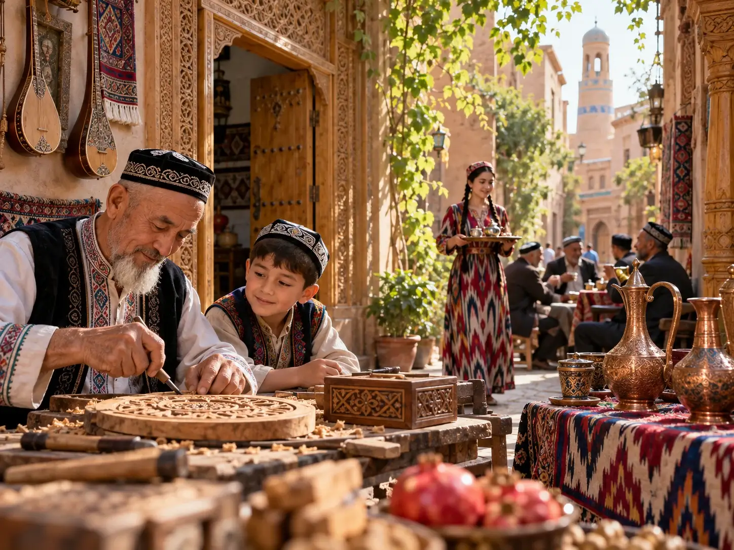 An Uyghur craftsman teaching a boy to carve wood, instruments on the wall, a teahouse and copper ewer nearby