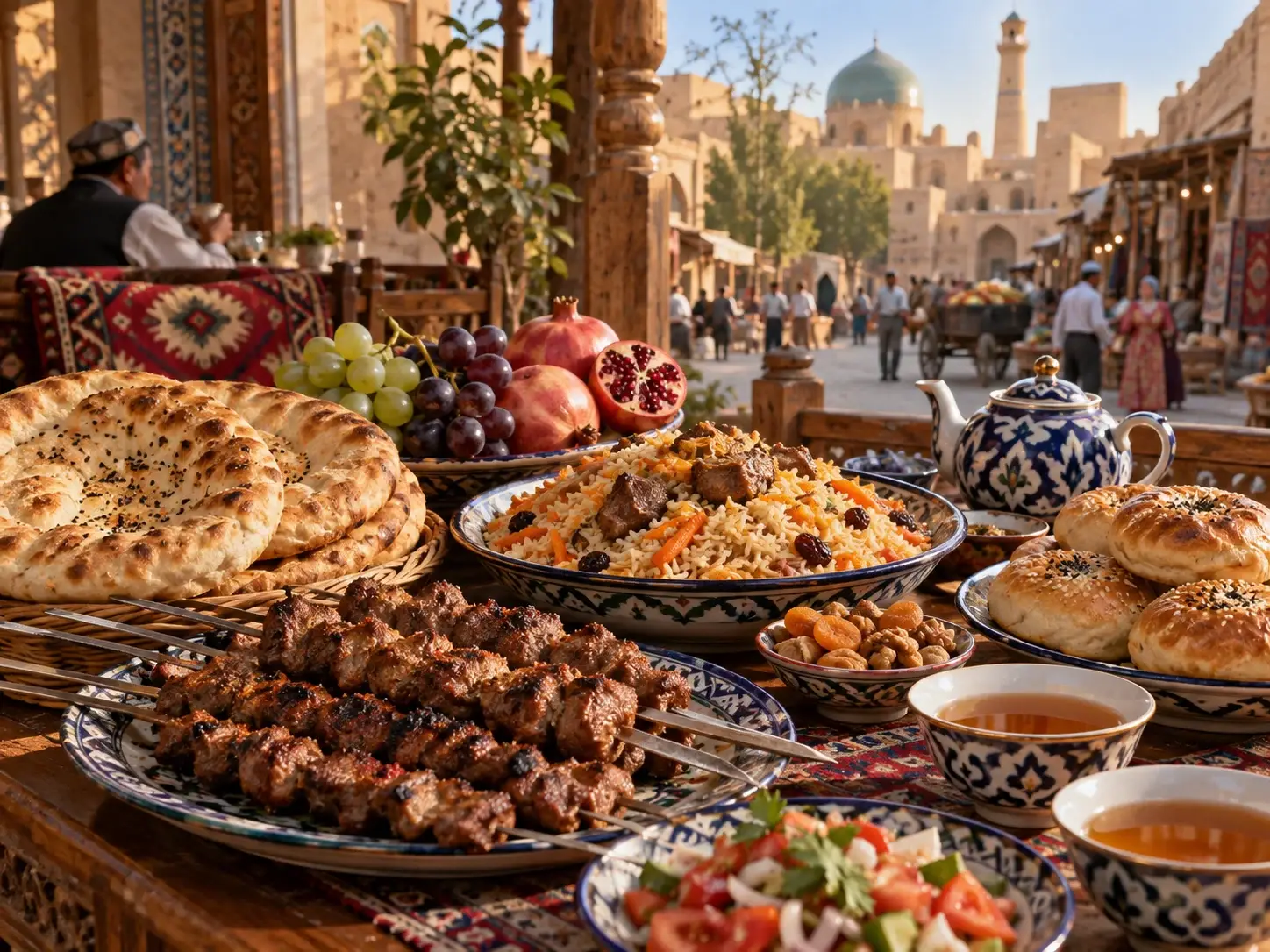 A Kashgar feast with naan, lamb kebabs, pilaf, baked samsa, grapes, pomegranate and tea, the old bazaar beyond