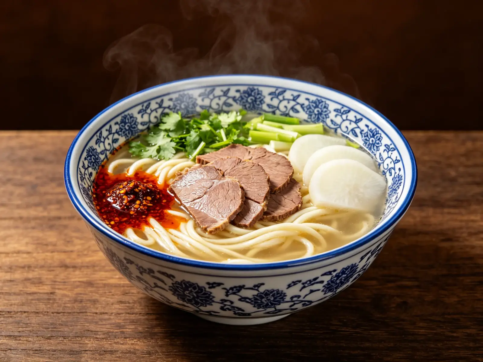 A blue-and-white porcelain bowl of Lanzhou beef noodles with clear broth, hand-pulled noodles, beef, white radish, herbs and chili oil