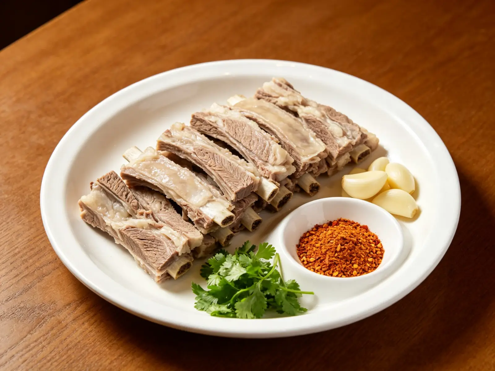 A white plate of hand-grabbed bone-in lamb with a chili-salt dip, garlic cloves and cilantro