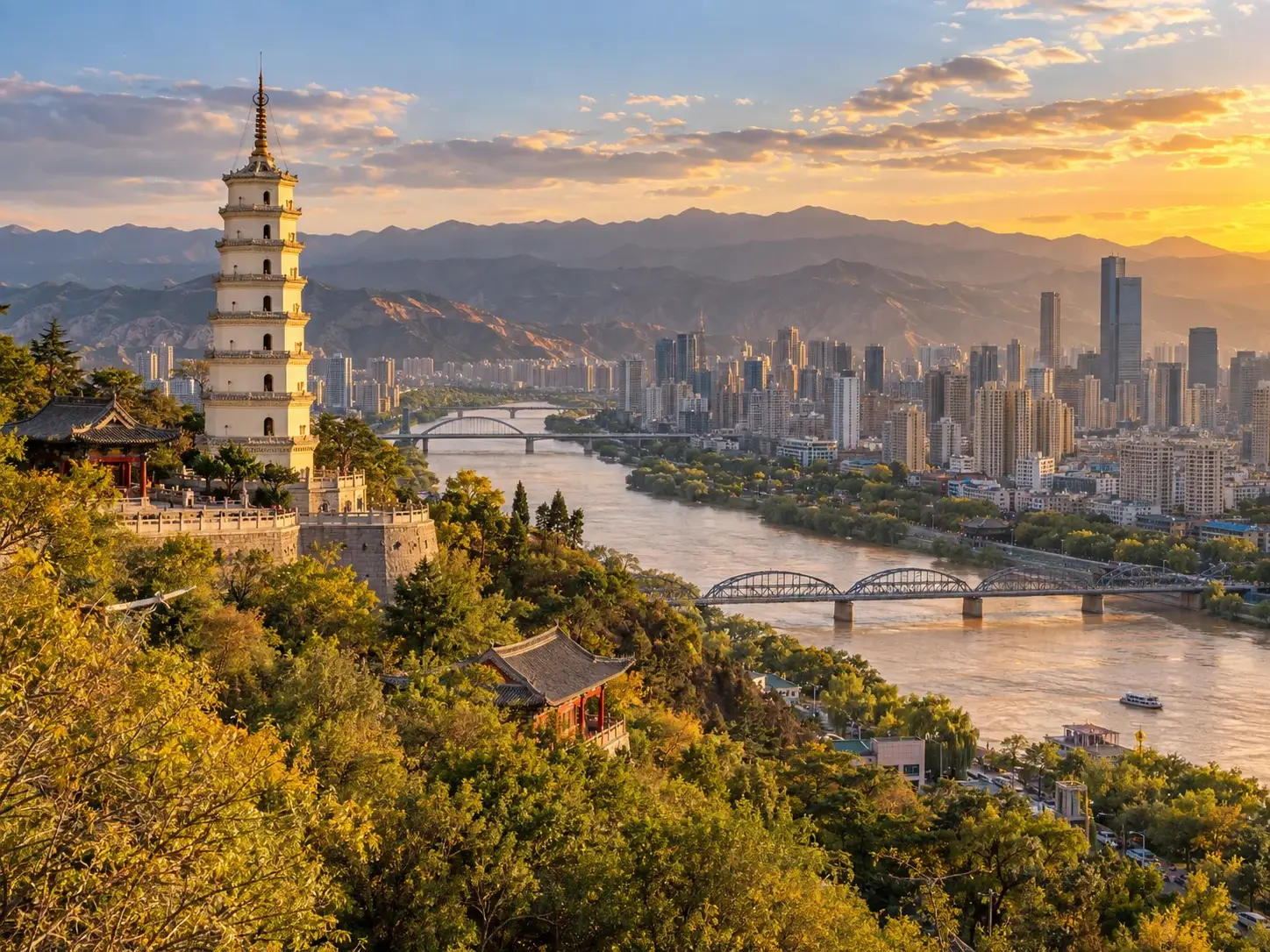 Lanzhou seen from Baitashan at sunset — a white pagoda, pavilions, the Yellow River winding under several bridges including Zhongshan Bridge, and the modern city with arid mountains behind