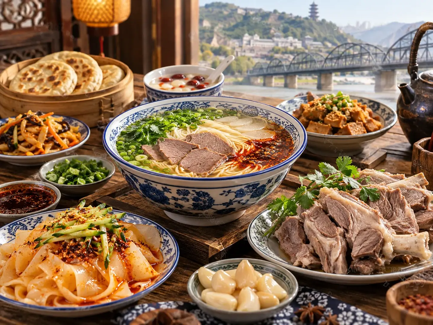 A full Lanzhou table with a central bowl of beef noodles, hand-grabbed lamb, niangpi, flatbreads, sweet fermented soup and pickled garlic, the bridge and hillside through the window