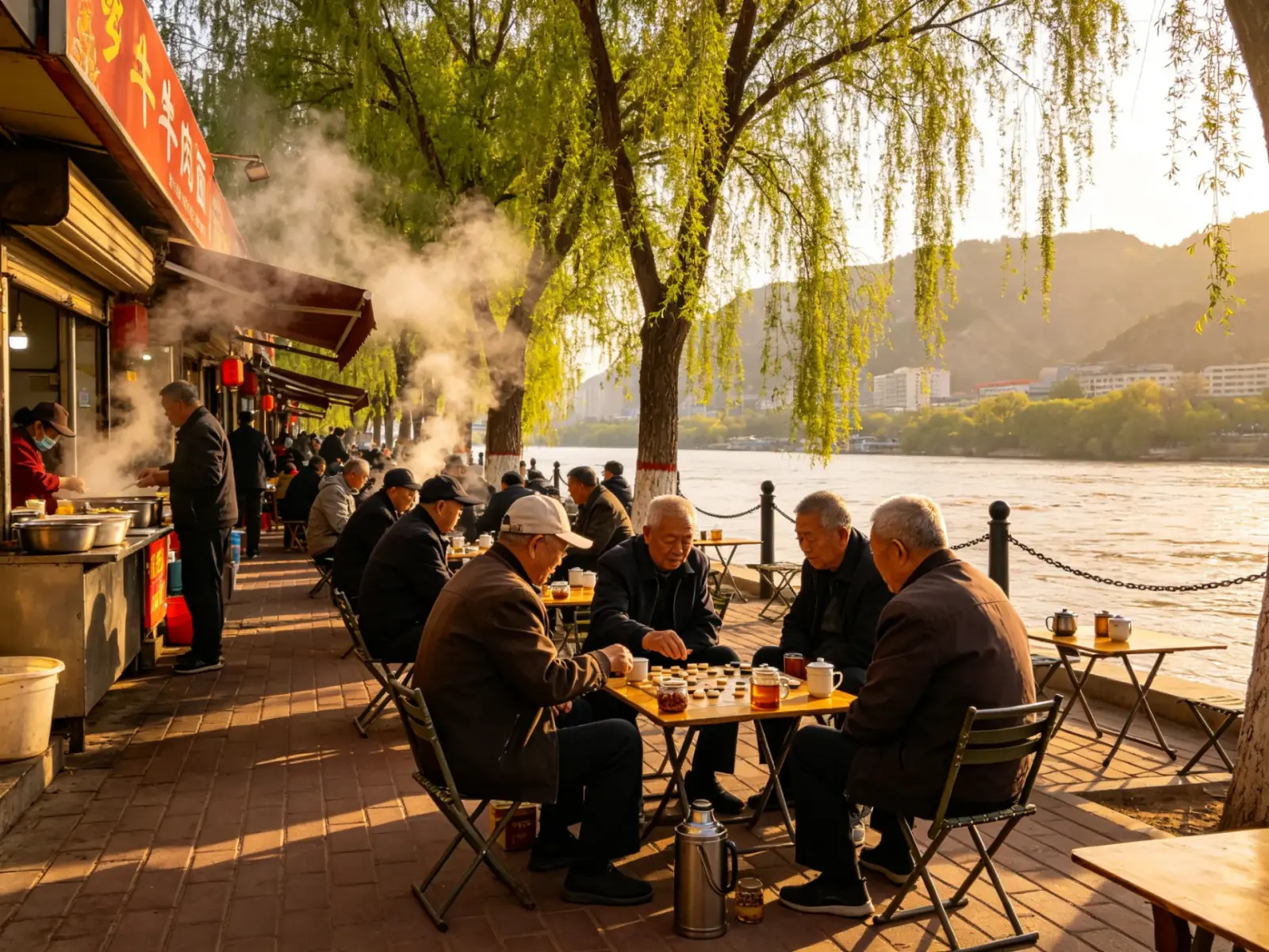 Morning local life along the Yellow River — older men playing chess and drinking eight-treasure tea under willows while a noodle shop gives off steam