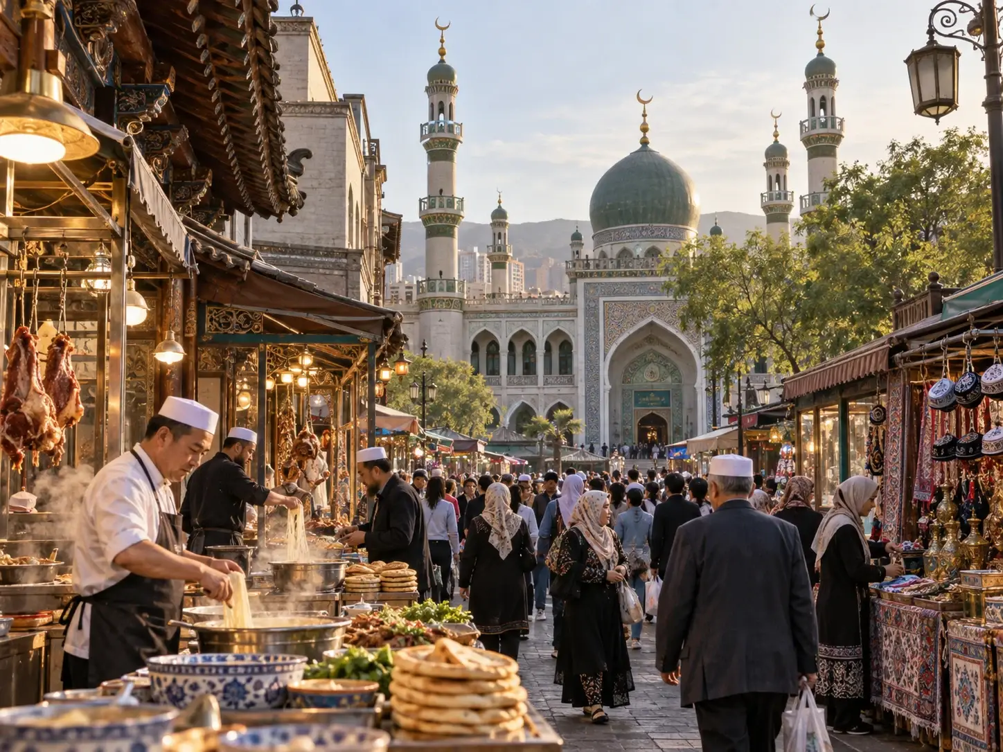 A busy Muslim quarter bazaar with noodle pullers at steaming stalls, stacks of naan, hanging meat and an ornate green-domed mosque