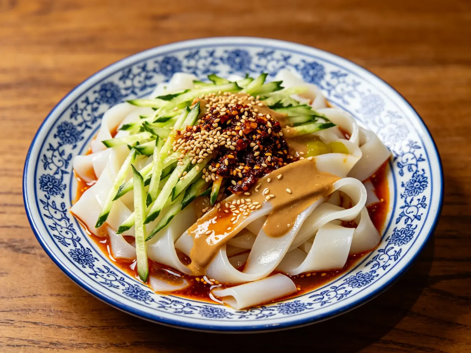 A blue-and-white plate of niangpi wide translucent skin noodles topped with cucumber, sesame paste and chili oil