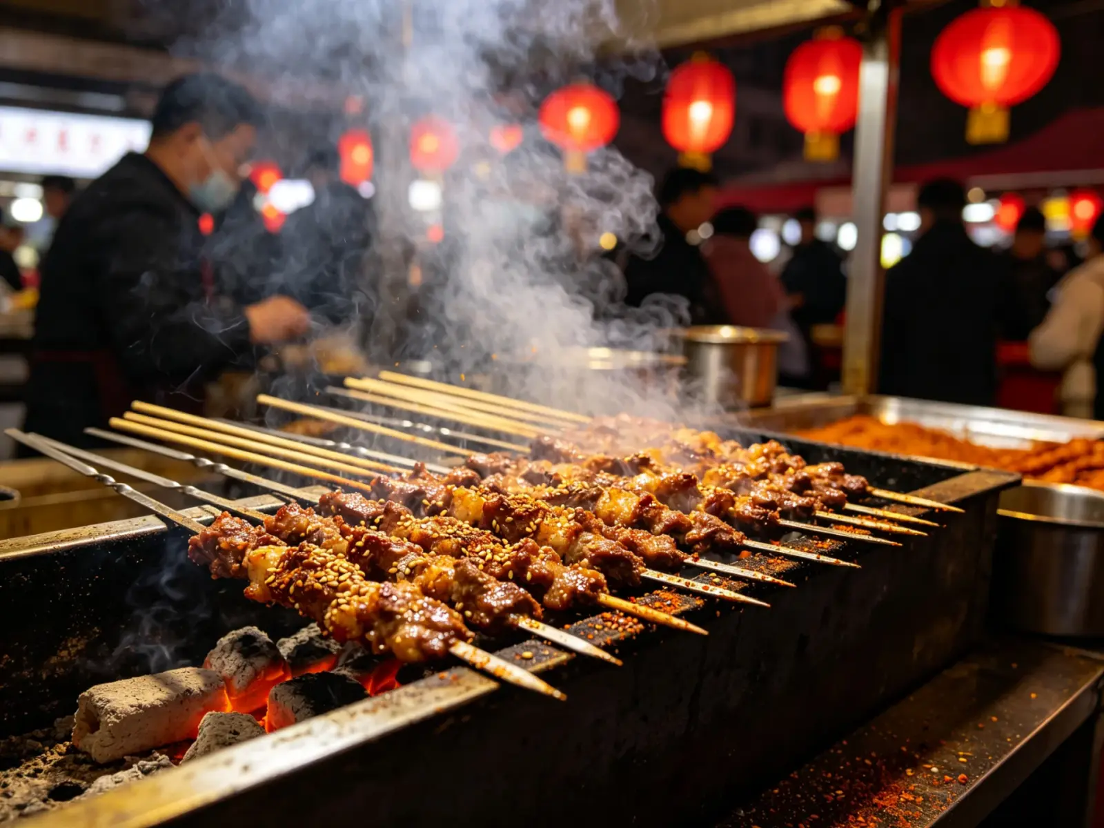 Charcoal-grilled lamb skewers sizzling with cumin and chili at a night market, smoke rising under red lanterns
