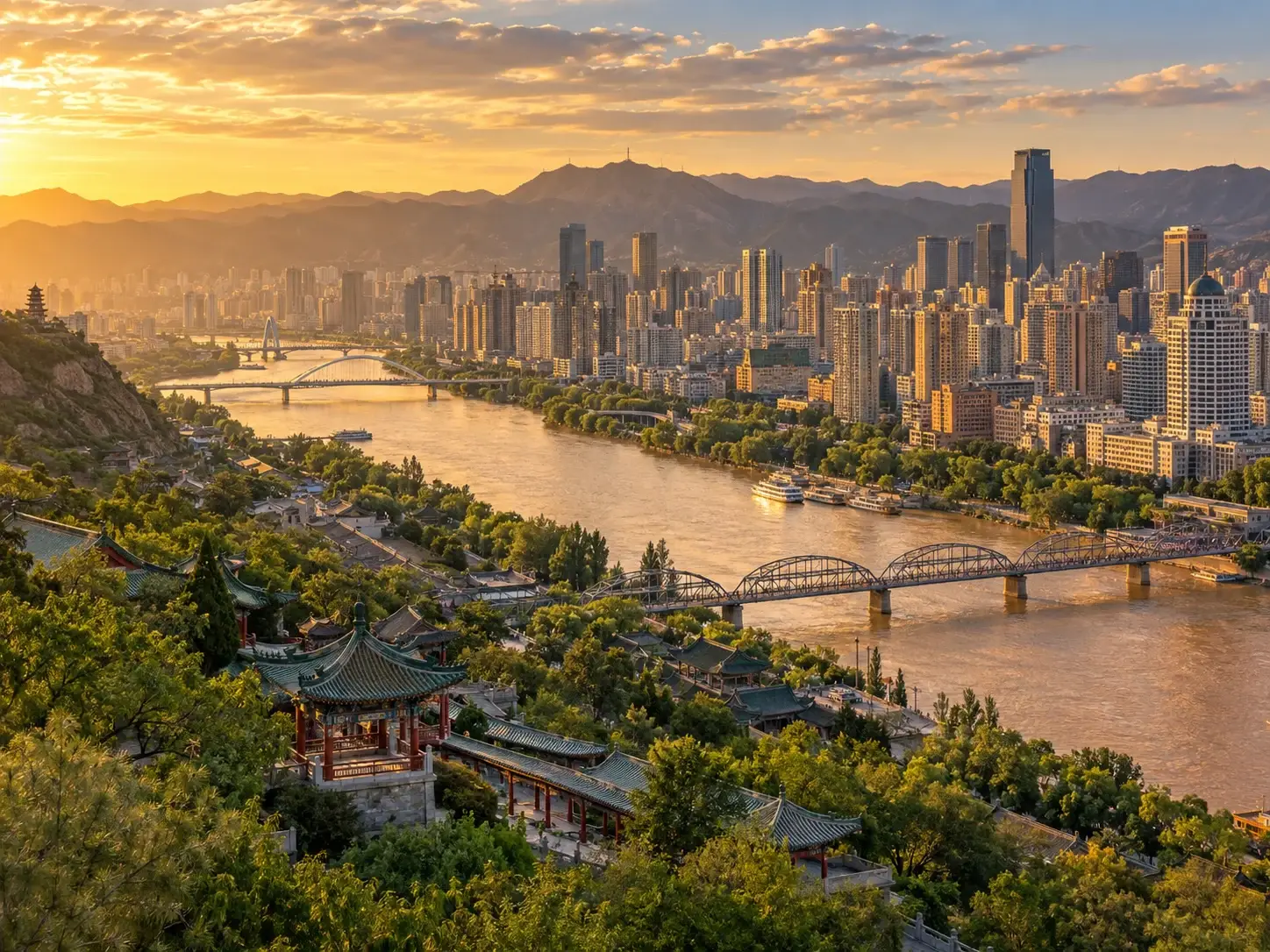 High panorama of Lanzhou — the Yellow River bend, Zhongshan Bridge, modern skyline and green-roofed pavilions at sunset