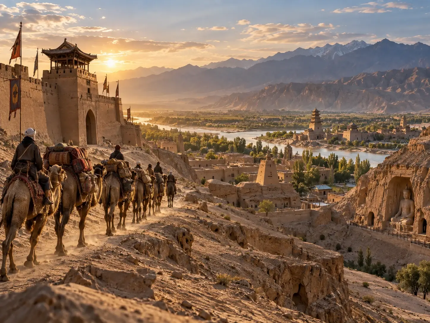 A camel caravan with riders descending toward an ancient walled pass and river valley, with cave grottoes and snow mountains at sunset