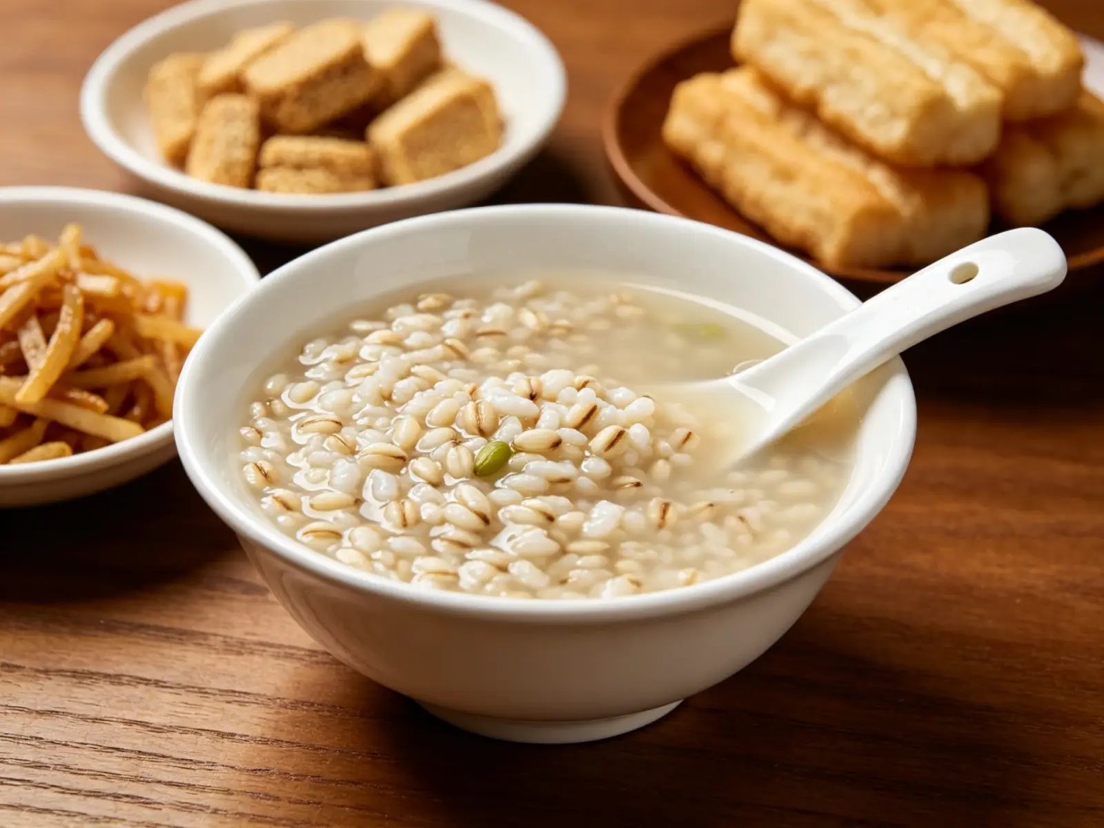 A white bowl of tianpeizi sweet fermented highland barley in a light sweet broth, with northwest snacks around it