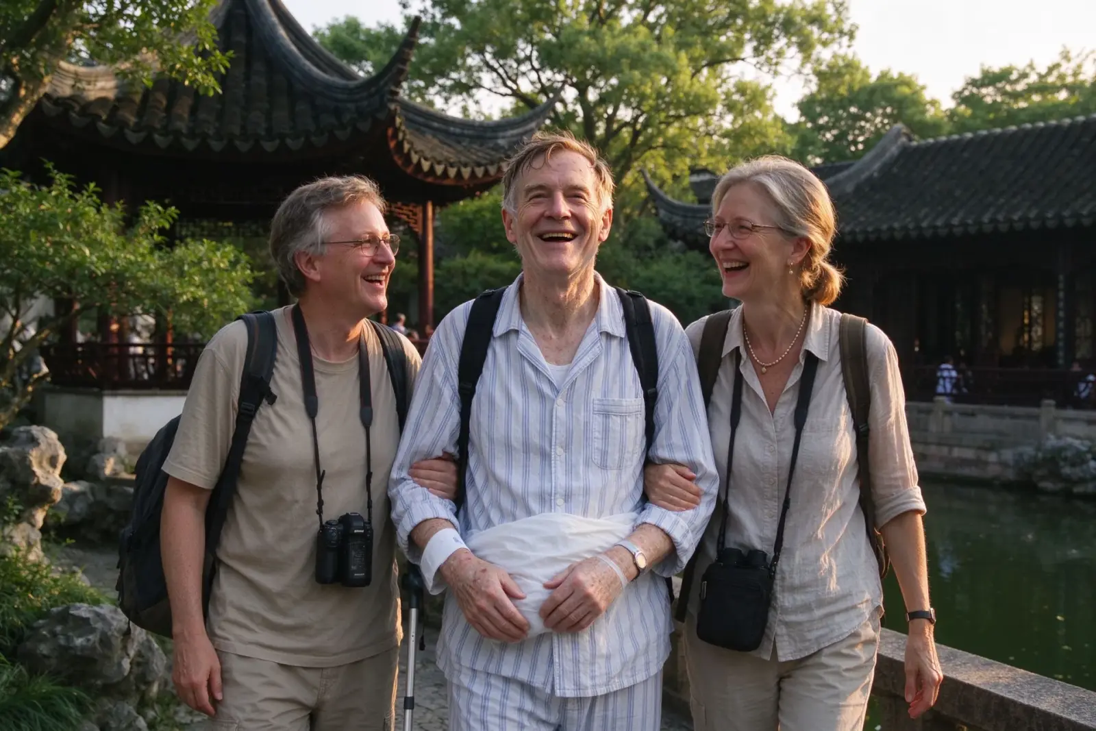 A recovering guest exploring a Chinese garden with companions