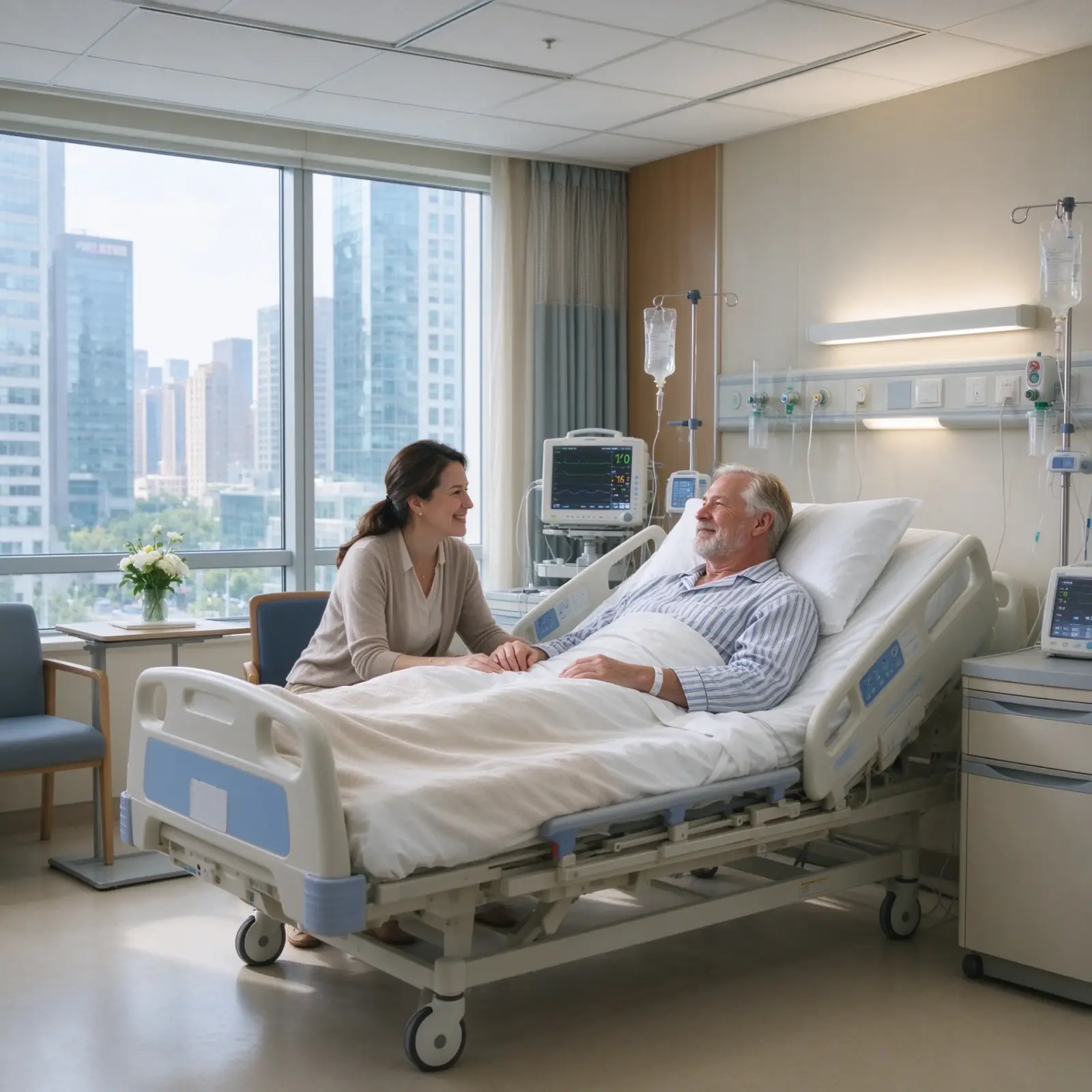 Comfortable VIP hospital room with a city view