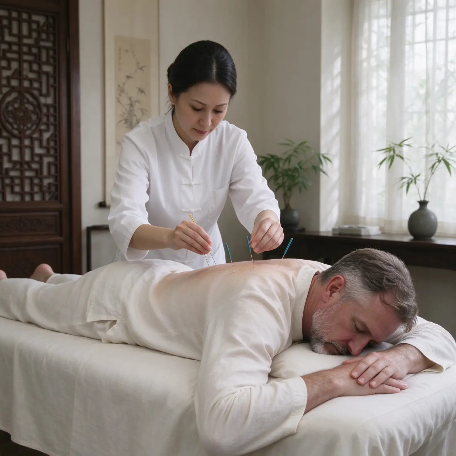 A guest receiving acupuncture in a traditional Chinese medicine room