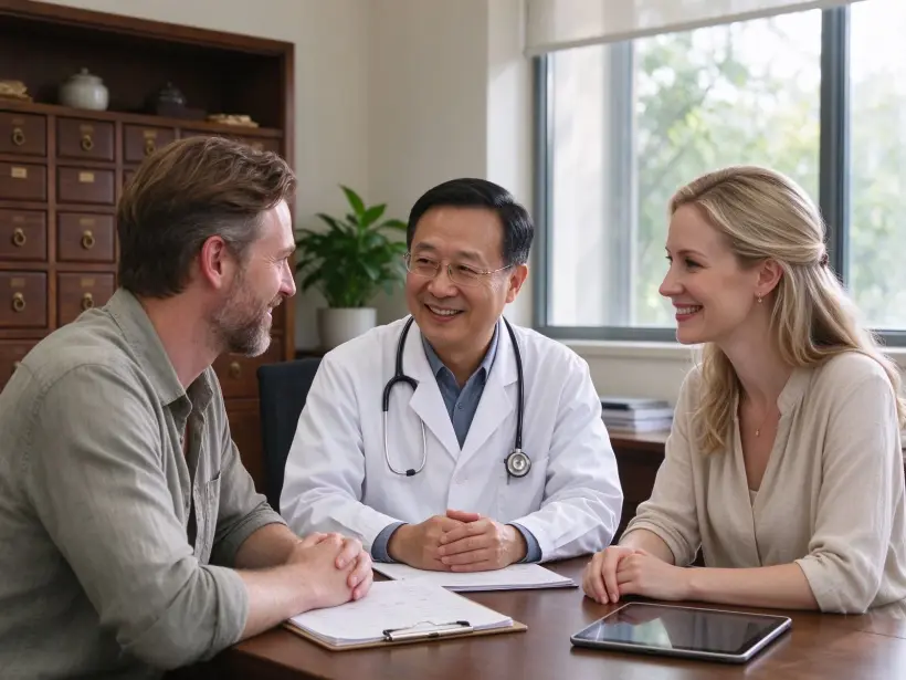 Chinese doctor consulting patients in a modern clinic