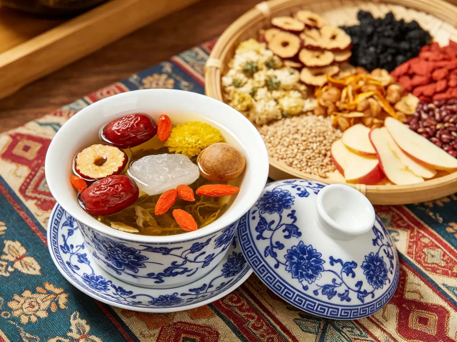Ningxia eight-treasure tea — a blue-and-white lidded cup with red dates, goji, longan, chrysanthemum, apple, walnut, sesame and rock sugar, ingredients arranged on a tray