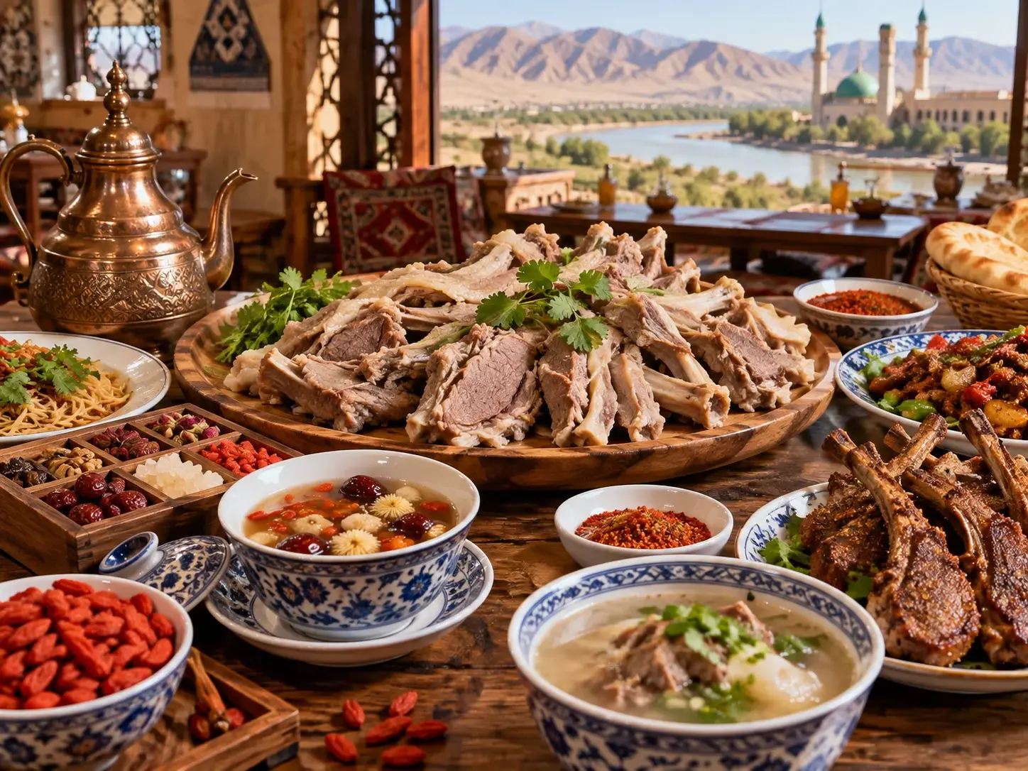A Ningxia feast — a wooden platter of hand-grab lamb, eight-treasure tea, lamb soup, goji berries, naan bread and halal dishes with a mosque and river view beyond