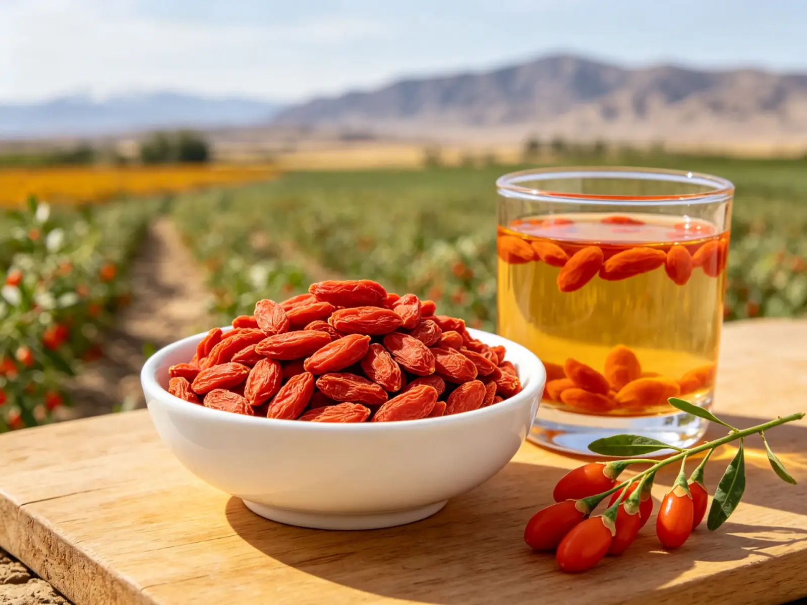 Ningxia goji berries — a white bowl of plump red dried goji beside a glass of golden goji tea and a fresh goji sprig, with goji fields and mountains behind