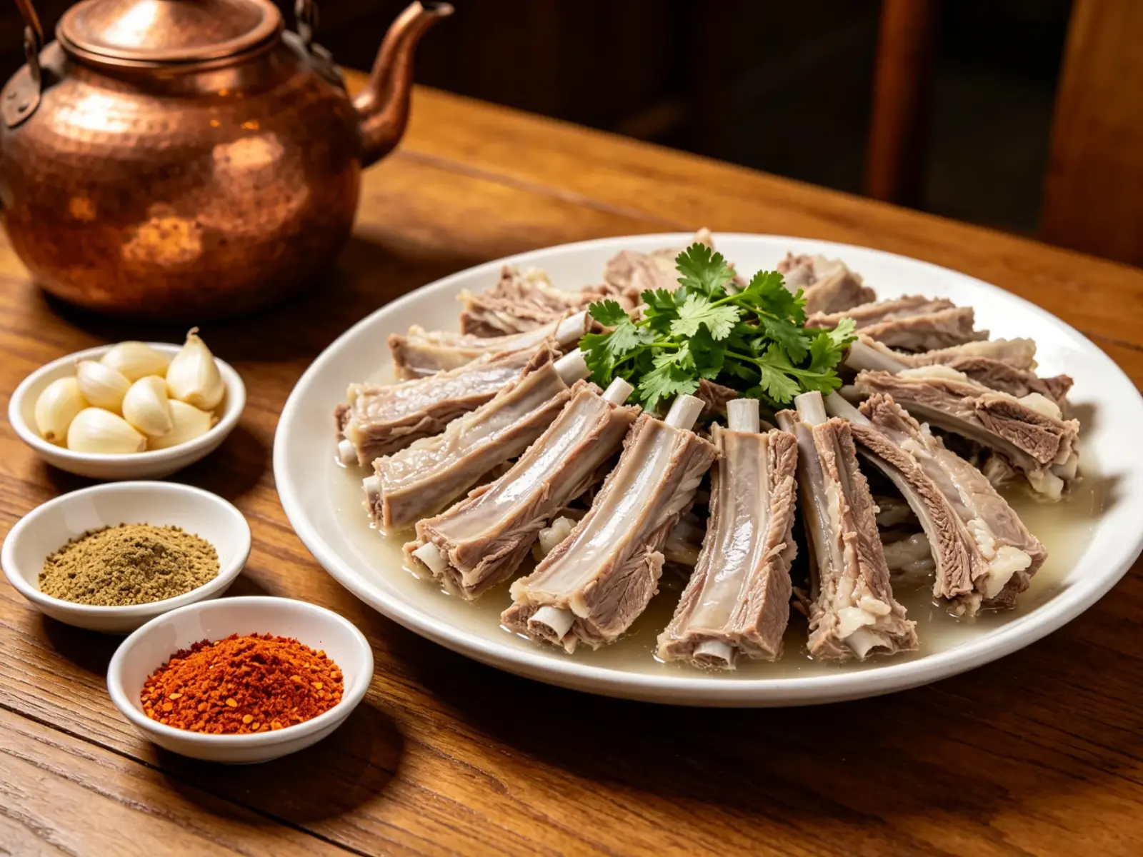 Ningxia hand-grab lamb — a plate of tender boiled lamb ribs and chops with coriander, with dishes of salt-pepper and chilli, raw garlic and a copper pot