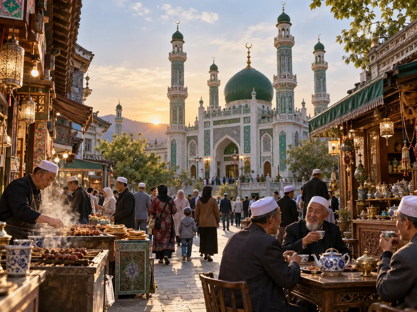 A Hui Muslim quarter in Ningxia — a green-domed mosque with minarets, a lively market with food stalls, people in white caps, tea tables and hanging lanterns at golden hour