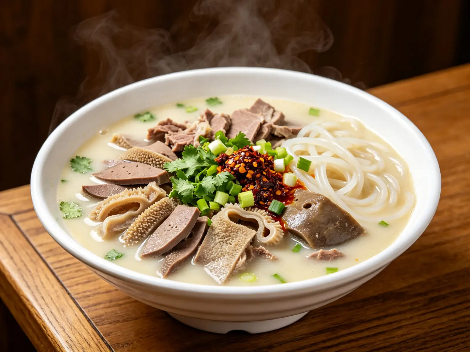 Ningxia lamb offal soup — a white bowl of milky broth with sliced tripe, intestine, liver, head meat and rice noodles, topped with coriander, scallion and chilli oil, steaming