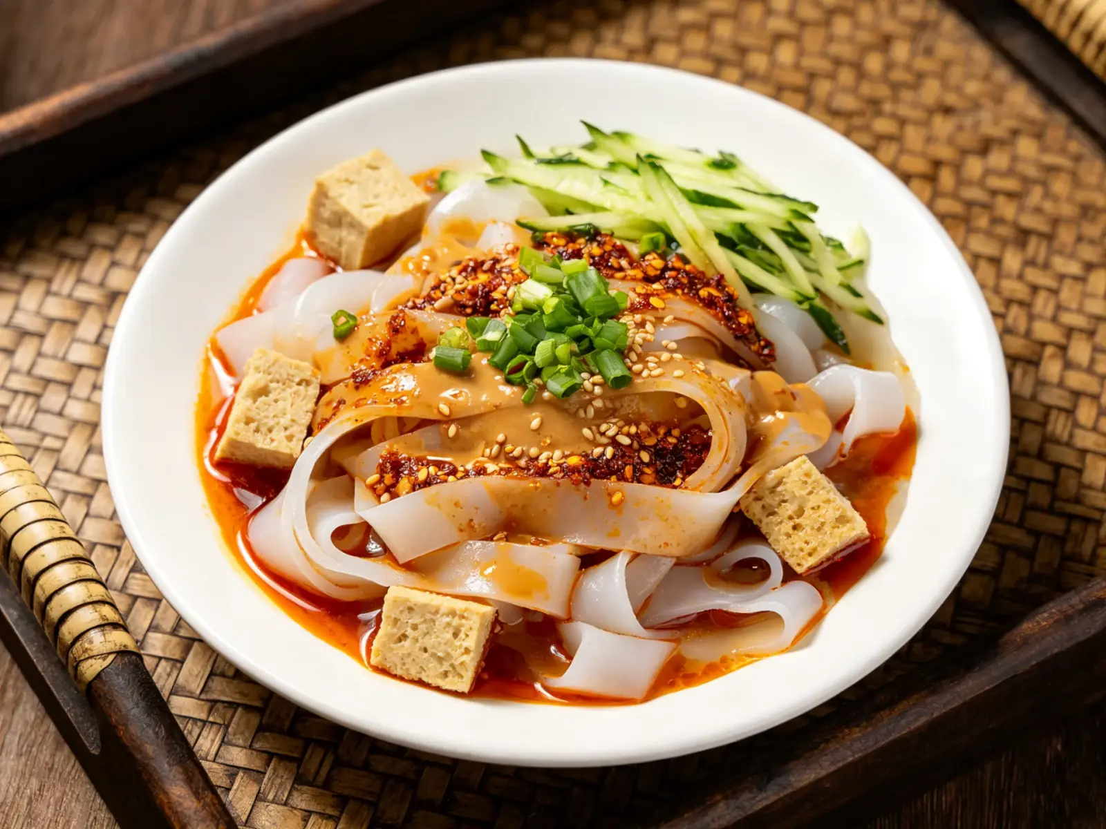 Ningxia liangpi — translucent wide skin noodles with gluten cubes, cucumber, red chilli oil, sesame paste, garlic and vinegar, topped with scallion and sesame seeds