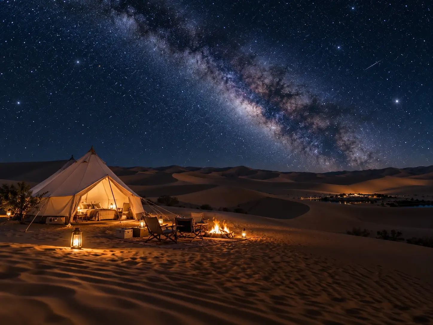 Tengger Desert at night in Ningxia — a lit bell tent and campfire beneath a brilliant Milky Way over rolling dunes