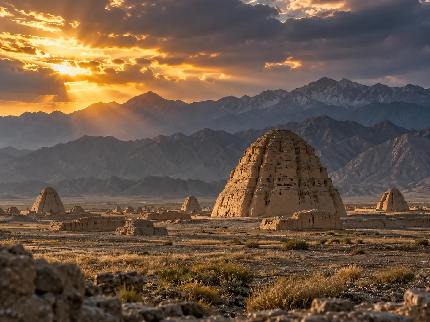 Western Xia imperial tombs in Ningxia at sunset — earthen funerary pyramids on a barren plain with the rugged Helan Mountains and golden rays behind
