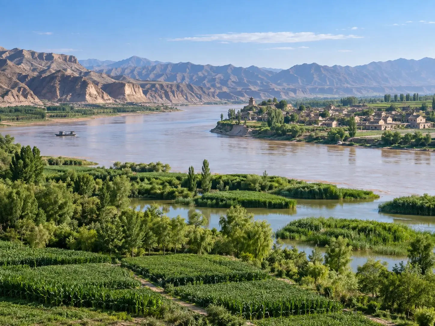 A Yellow River village in Zhongwei, Ningxia — the wide river beside green irrigated fields and wetlands, traditional village houses, a small boat and arid mountains under a clear sky