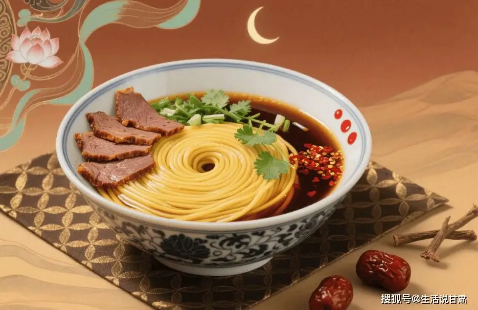 Dunhuang donkey meat yellow noodles — hand-pulled yellow noodles in a blue-and-white bowl with sliced braised donkey meat, chilli oil, coriander and red dates