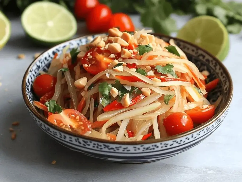 A fresh green papaya salad with tomatoes, peanuts and chilli