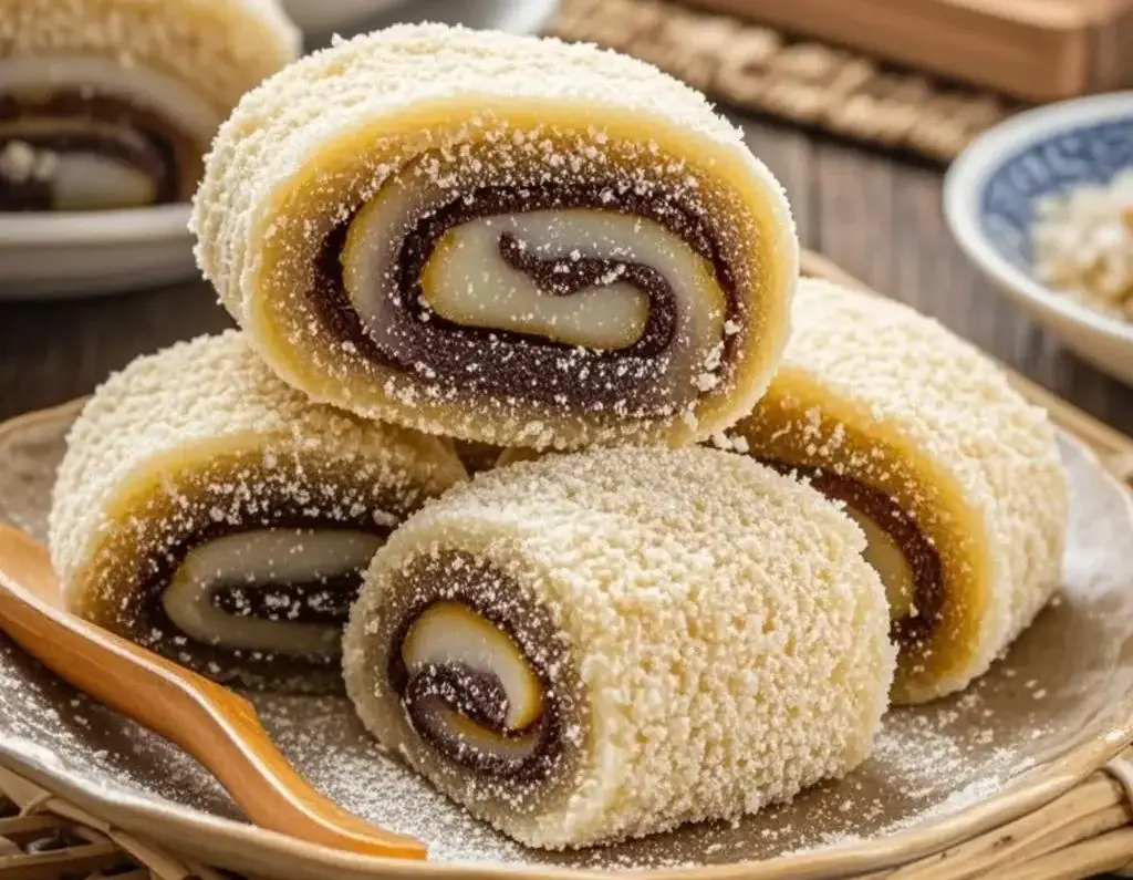 Old Beijing snacks — soy-flour lvdagun rolls with sweet bean filling