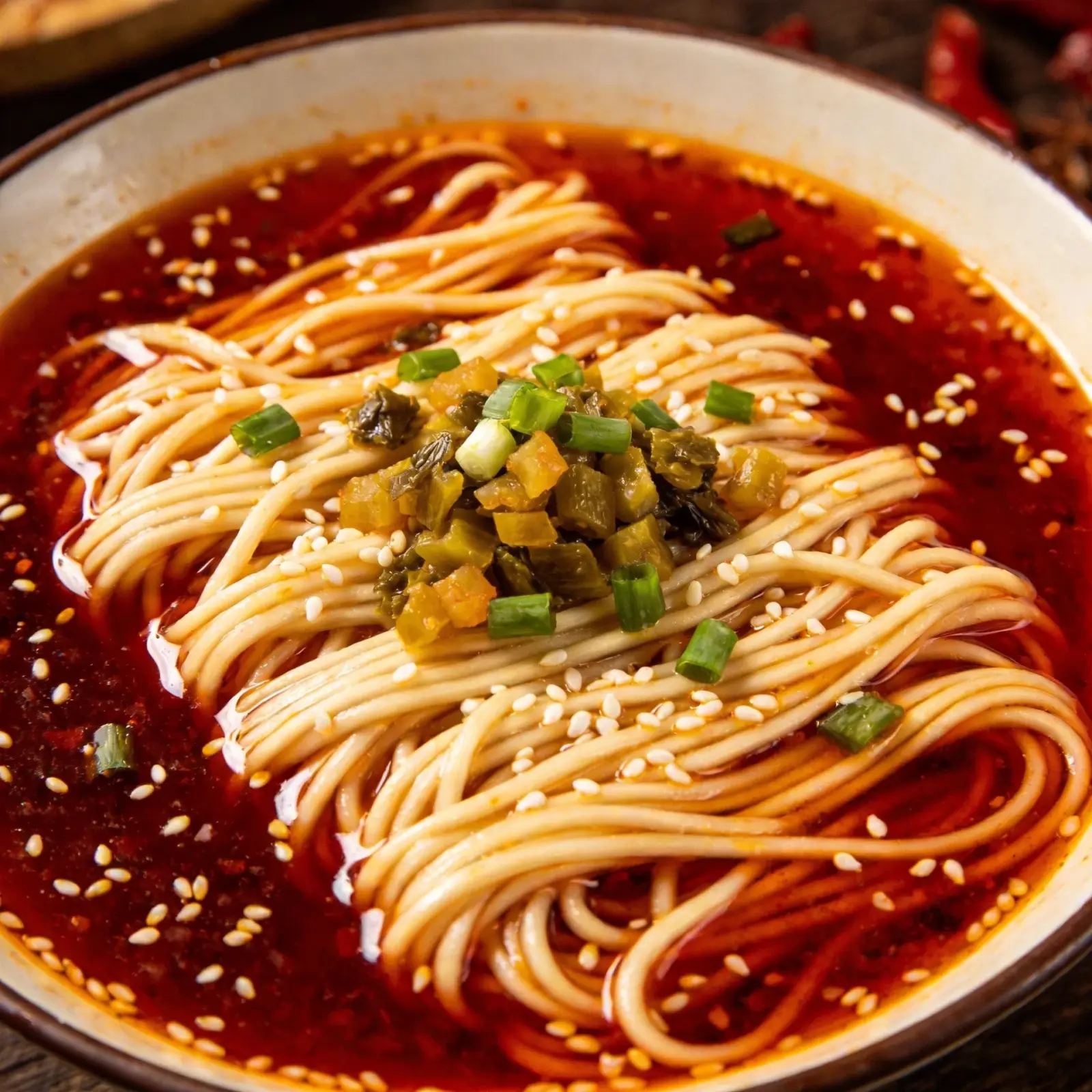 A bowl of Chongqing noodles glazed in chilli oil and topped with sesame