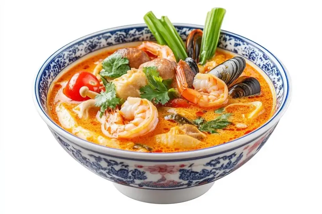 A bowl of tom yum goong with prawns, lemongrass and lime leaves