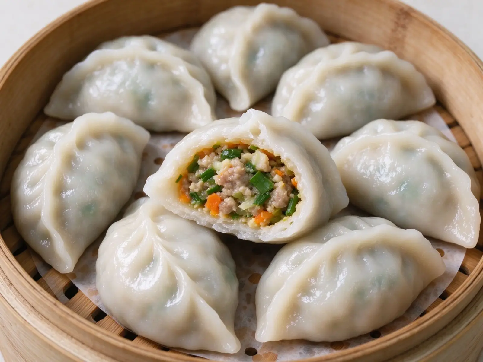 A bamboo steamer of jiaozi ba rice dumplings, one broken open to show the filling