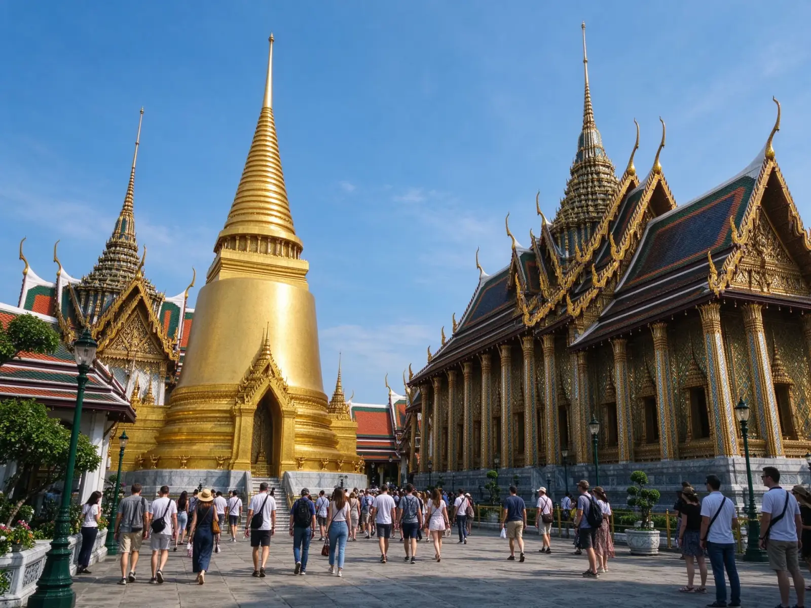 The gleaming golden spires and ornate halls of the Grand Palace in Bangkok