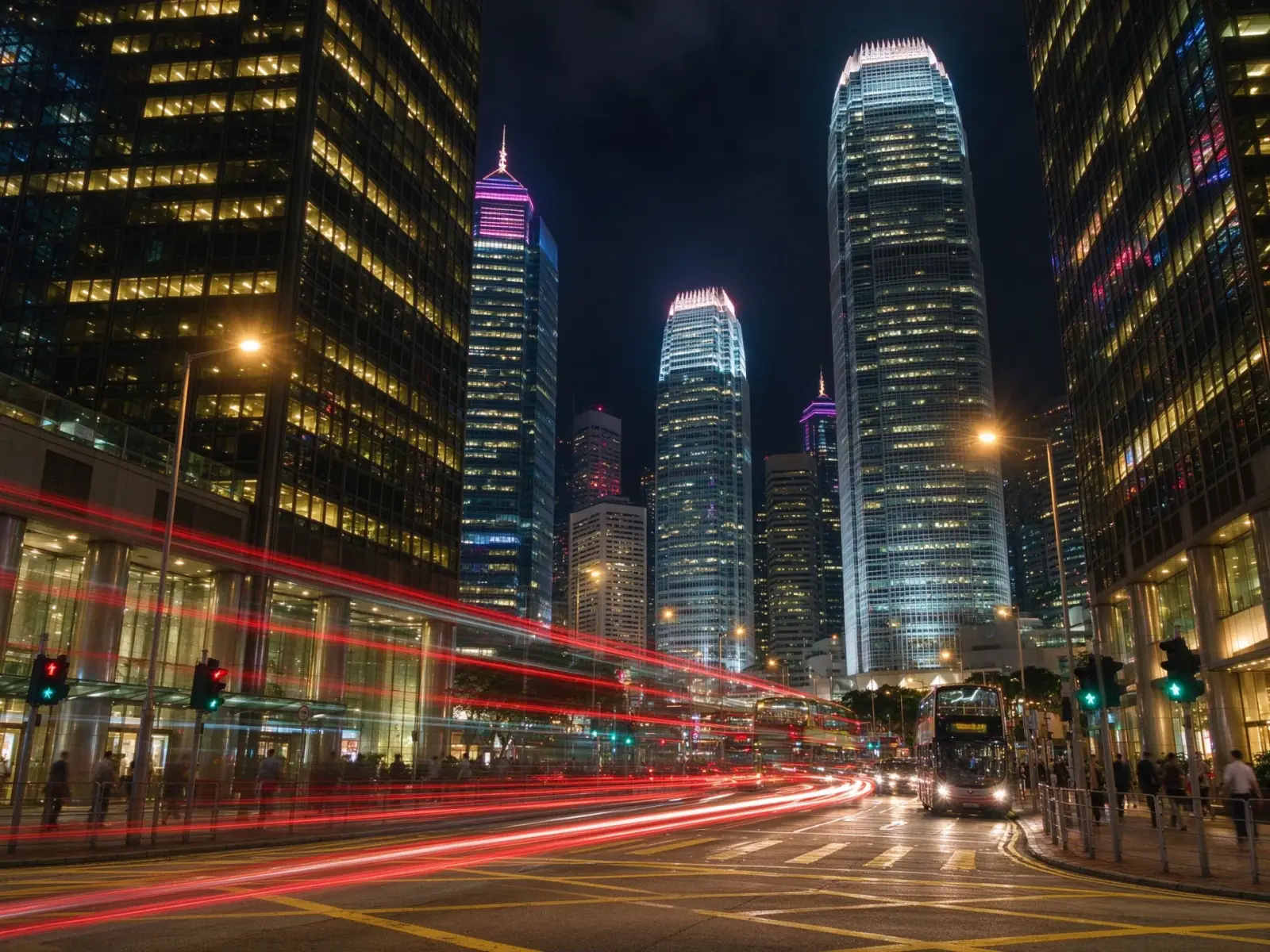 Central district skyscrapers and light trails at night, the financial core of Hong Kong
