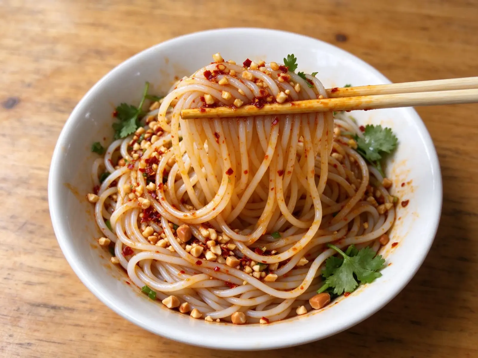 A bowl of Jingdezhen cold rice noodles lifted with chopsticks, mixed with chilli, garlic, peanuts and spring onion