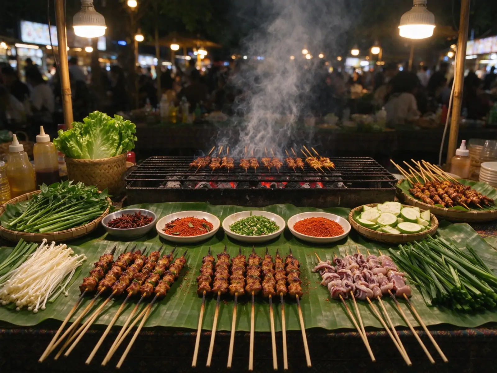 A night-market grill stall of Dai-style skewers, meats and vegetables laid on banana leaves ready for grilling