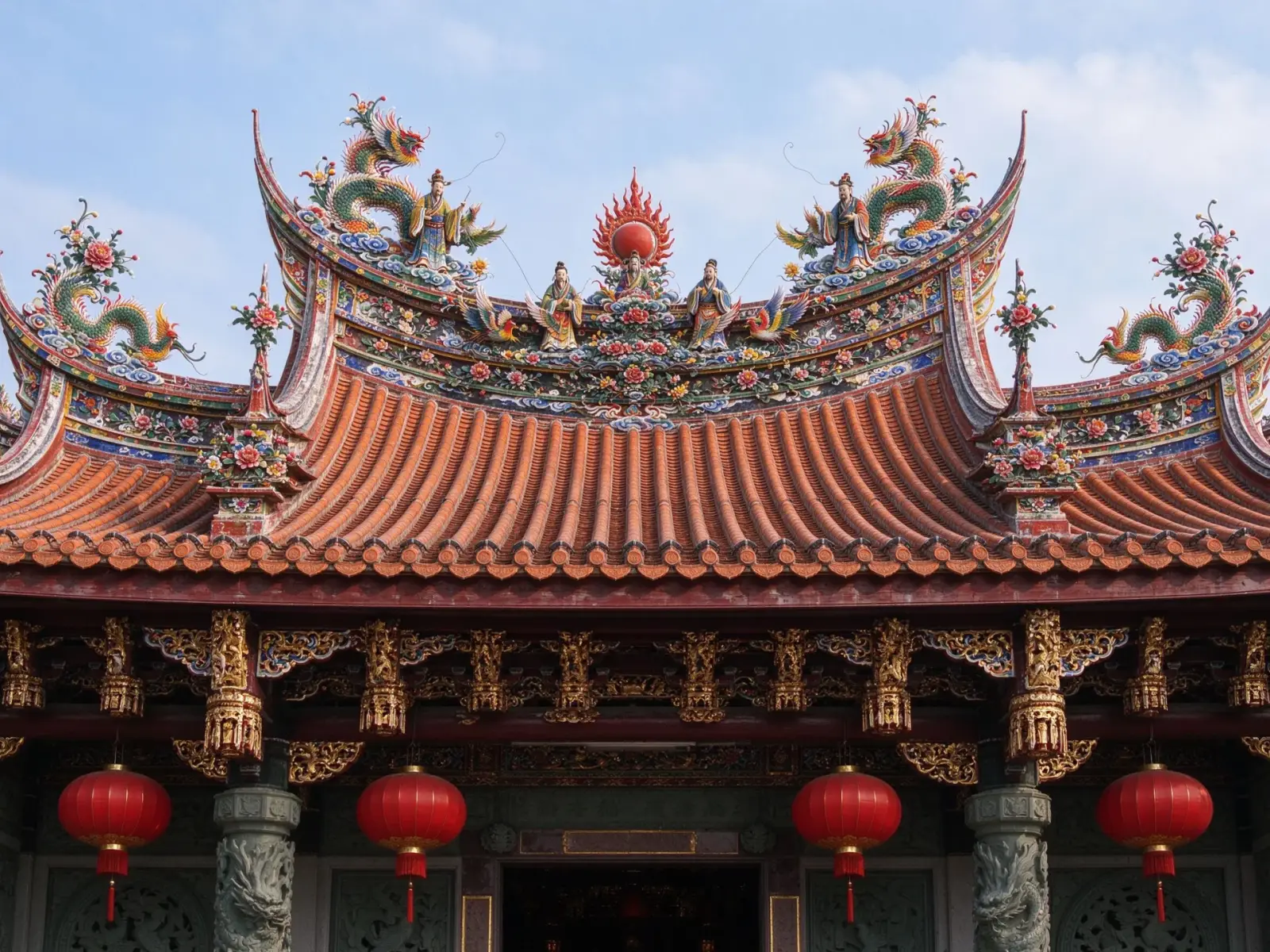 A Chaoshan temple front with ceramic inlay ridge decoration, carved beams and red lanterns