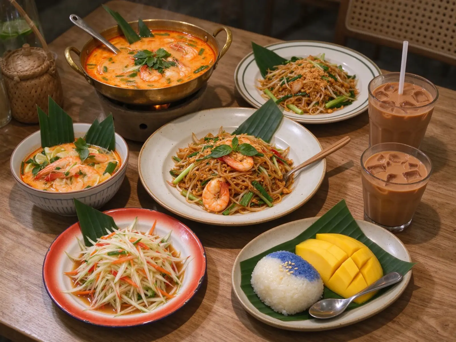 A Thai table with tom yum, pad thai, som tam, mango sticky rice and Thai milk tea