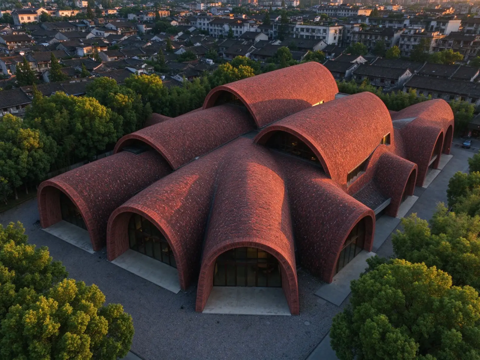 An aerial view of the contemporary Jingdezhen Imperial Kiln Museum with its flowing arched brick roofs beside the water