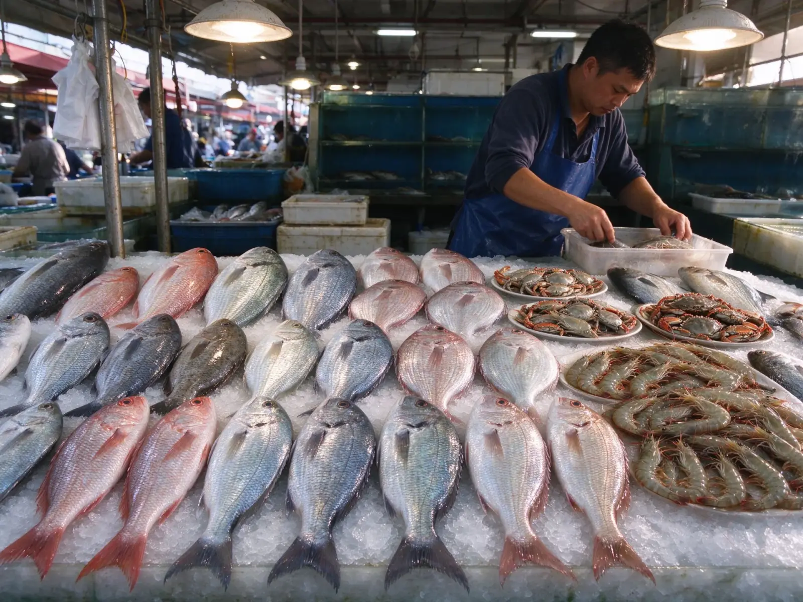 Fresh fish displayed on ice at a Chaoshan seafood market in the morning