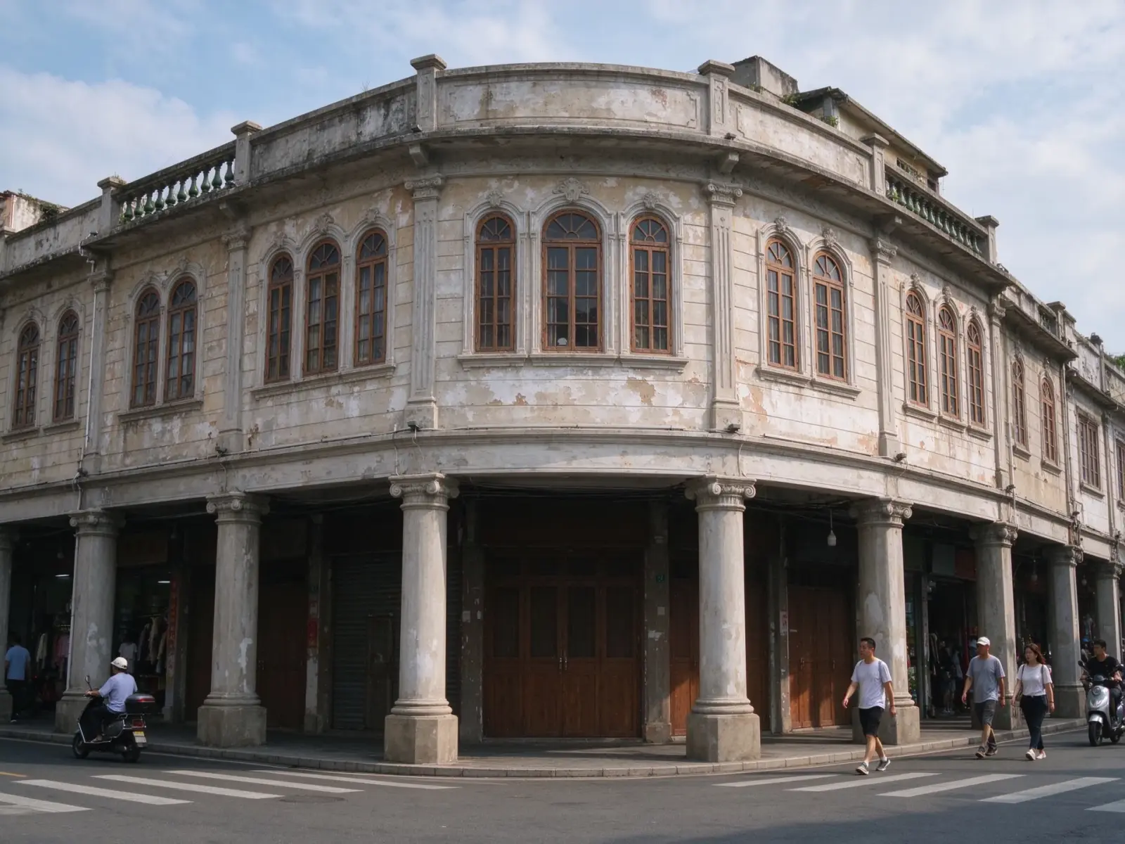An arcaded colonial building on a Shantou street corner, a reminder of the treaty-port era