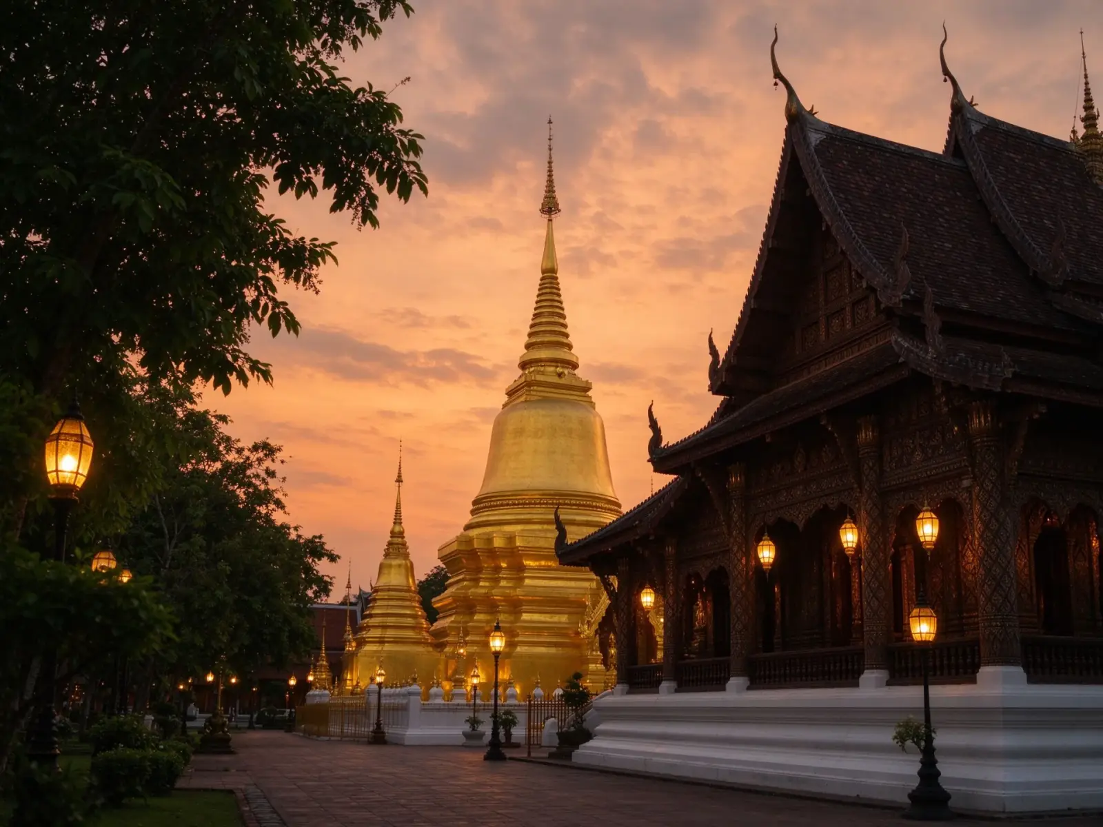 A Lanna-style temple in Chiang Mai glowing at dusk