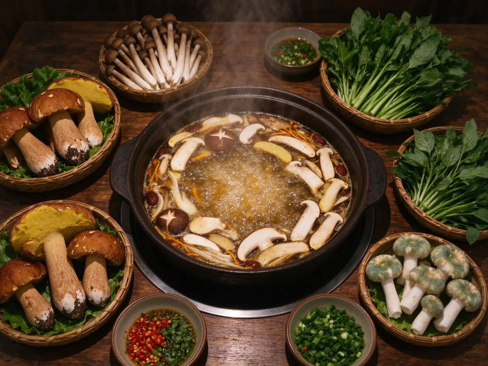 A mushroom hotpot surrounded by fresh wild mushrooms, greens and condiments on a dark lacquer turntable