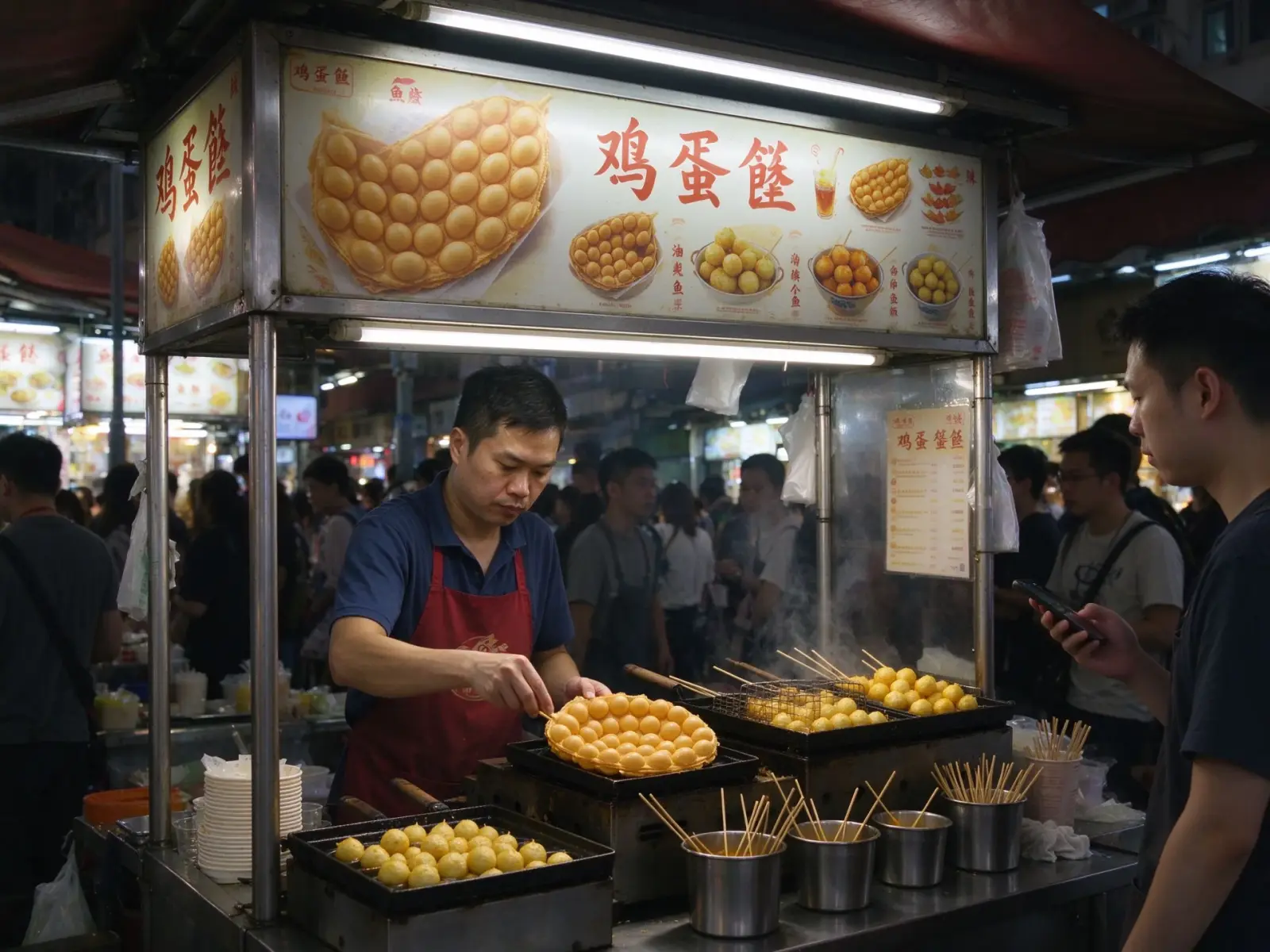 A Hong Kong street-food stall with egg waffles and fish balls along a lively neighbourhood lane